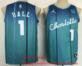 Men's Charlotte Hornets #1 LaMelo Ball Blue Jordan Diamond 2022 City Edition Swingman Stitched Jersey With Sponsor 01