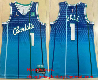 Men's Charlotte Hornets #1 LaMelo Ball Blue Jordan Diamond 2022 City Edition Swingman Stitched Jersey With Sponsor