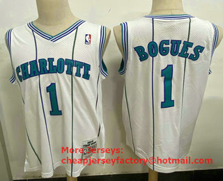 Men's Charlotte Hornets #1 Muggsy Bogues 1992-93 White Hardwood Classics Soul Swingman Throwback Jersey With Adidas