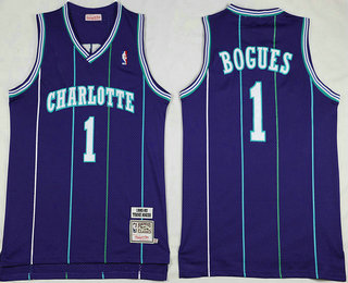 Men's Charlotte Hornets #1 Tyrone Bogues 1992-93 Purple Hardwood Classics Soul Swingman Throwback Jersey