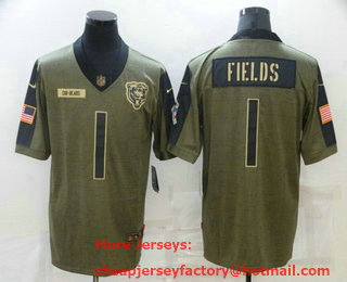 Men's Chicago Bears #1 Justin Fields 2021 Olive Salute To Service Limited Stitched Jersey