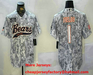 Men's Chicago Bears #1 Justin Fields Arctic Camo 2024 Salute to Service Stitched Baseball Jersey