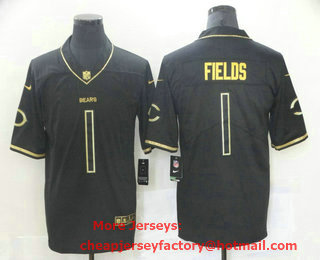 Men's Chicago Bears #1 Justin Fields Black 100th Season Golden Edition Jersey