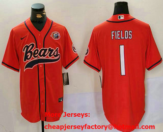 Men's Chicago Bears #1 Justin Fields Orange Bear Logo Cool Base Stitched Baseball Jersey