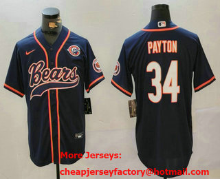 Men's Chicago Bears #34 Walter Payton Navy Bear Logo Cool Base Stitched Baseball Jersey