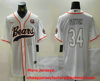 Men's Chicago Bears #34 Walter Payton Number White Bear Logo Cool Base Stitched Baseball Jersey