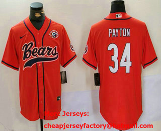 Men's Chicago Bears #34 Walter Payton Orange Bear Logo Cool Base Stitched Baseball Jersey