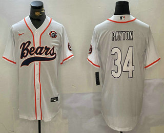 Men's Chicago Bears #34 Walter Payton White Bear Logo Cool Base Stitched Baseball Jersey