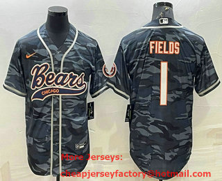 Men's Chicago Bears Blank #1 Justin Fields Grey Camo With Patch Cool Base Stitched Baseball Jersey 001