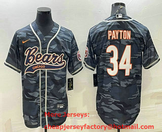 Men's Chicago Bears Blank #34 Walter Payton Grey Camo With Patch Cool Base Stitched Baseball Jersey