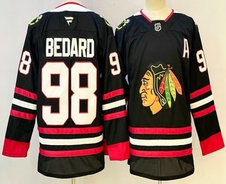 Men's Chicago Blackhawks #98 Connor Bedard Black With A Patch Stitched Jersey