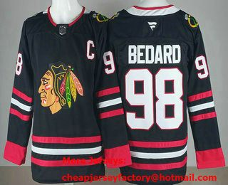 Men's Chicago Blackhawks #98 Connor Bedard Black With C Patch Authentic Jersey