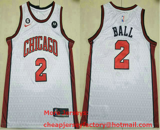 Men's Chicago Bulls #2 Lonzo Ball 2022 White City Edition With 6 Patch Stitched Jersey With Sponsor