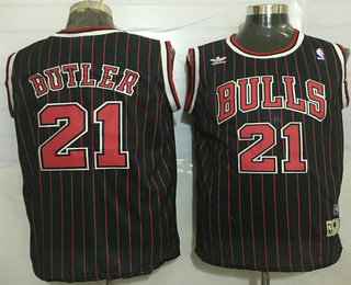 Men's Chicago Bulls #21 Jimmy Butler Black Pinstripe Hardwood Classics Soul Swingman Throwback Jersey