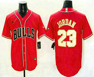 Men's Chicago Bulls #23 Michael Jordan  Red Gold Cool Base Stitched Baseball Jersey