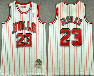 Men's Chicago Bulls #23 Michael Jordan 1995-96 White Pinstripe Hardwood Swingman Throwback Jersey
