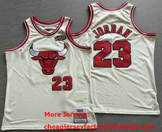 Men's Chicago Bulls #23 Michael Jordan Cream Big Logo Swingman Throwback Jersey