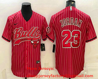 Men's Chicago Bulls #23 Michael Jordan Red Pinstripe With Patch Cool Base Stitched Baseball Jersey