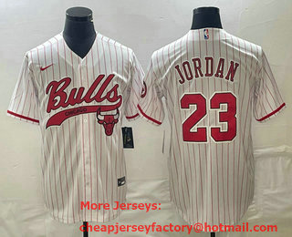 Men's Chicago Bulls #23 Michael Jordan White Pinstripe Cool Base Stitched Baseball Jersey