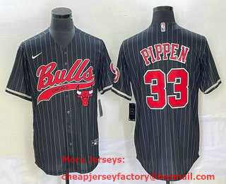 Men's Chicago Bulls #33 Scottie Pippen Black Pinstripe Cool Base Stitched Baseball Jersey