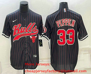 Men's Chicago Bulls #33 Scottie Pippen Black Pinstripe With Patch Cool Base Stitched Baseball Jersey