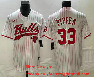 Men's Chicago Bulls #33 Scottie Pippen White Pinstripe Cool Base Stitched Baseball Jersey