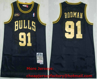 Men's Chicago Bulls #91 Dennis Rodman 1997-98 Black Gold Final Patch Hardwood Classics Soul Throwback Jersey