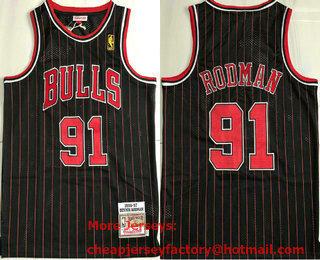 Men's Chicago Bulls #91 Dennis Rodman 1997-98 Black Pinstripe Hardwood Classics Soul AU Throwback Jersey