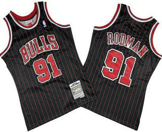 Men's Chicago Bulls #91 Dennis Rodman Black Stripes 1995 Throwback Swingman Jersey