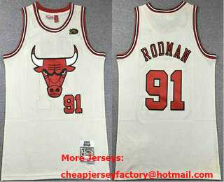 Men's Chicago Bulls #91 Dennis Rodman Cream Team Logo Throwback Swingman Jersey