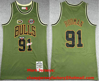 Men's Chicago Bulls #91 Dennis Rodman Olive Military Flight Throwback Swingman Jersey