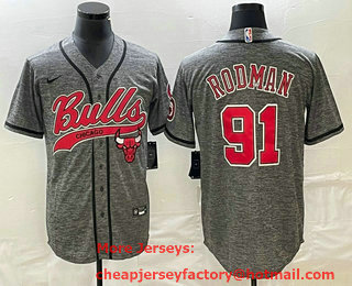 Men's Chicago Bulls #91 Dennis Rodman Grey Gridiron Cool Base Stitched Baseball Jersey