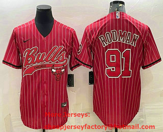 Men's Chicago Bulls #91 Dennis Rodman Red With Patch Cool Base Stitched Baseball Jersey