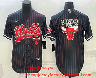 Men's Chicago Bulls Black Pinstripe Team Big Logo With Patch Cool Base Stitched Baseball Jersey