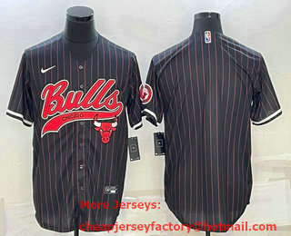 Men's Chicago Bulls Blank Black Pinstripe With Patch Cool Base Stitched Baseball Jersey 01