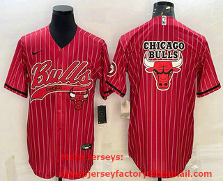 Men's Chicago Bulls Blank Red Pinstripe Team Big Logo With Patch Cool Base Stitched Baseball Jersey