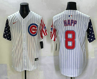 Men's Chicago Cubs #8 Ian Happ White Pinstripe USA Cool Base Stitched Baseball Jersey