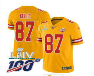 Men's Chiefs #87 Travis Kelce Gold 2020 Super Bowl LIV Stitched Nike NFL Limited Inverted Legend 100th Season Jersey