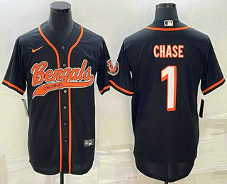 Men's Cincinnati Bengals #1 JaMarr Chase Black With Patch Cool Base Stitched Baseball Jersey