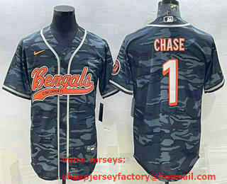 Men's Cincinnati Bengals #1 JaMarr Chase Grey Camo With Patch Cool Base Stitched Baseball Jersey