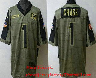 Men's Cincinnati Bengals #1 JaMarr Chase Limited Olive 2021 Salute To Service Jersey