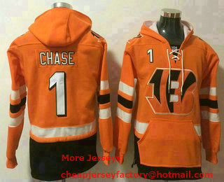 Men's Cincinnati Bengals #1 JaMarr Chase NEW Orange Pocket Stitched NFL Pullover Hoodie