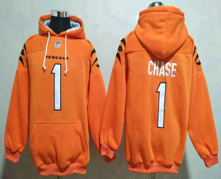 Men's Cincinnati Bengals #1 JaMarr Chase Orange Pocket Stitched NFL Pullover Hoodie