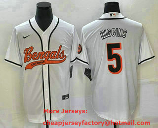 Men's Cincinnati Bengals #5 Tee Higgins White With Patch Cool Base Stitched Baseball Jersey
