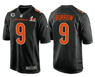 Men's Cincinnati Bengals #9 Joe Burrow 2022 Black With C Patch Super Bowl LVI Game Stitched Jersey