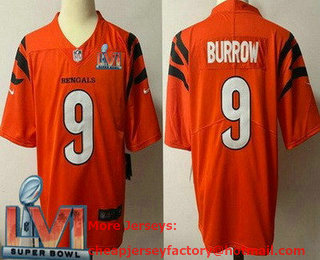 Men's Cincinnati Bengals #9 Joe Burrow Orange 2022 Super Bowl LVI Vapor Untouchable Stitched Limited Jersey