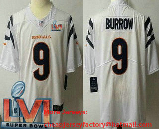 Men's Cincinnati Bengals #9 Joe Burrow White 2022 Super Bowl LVI Vapor Untouchable Stitched Limited Jersey