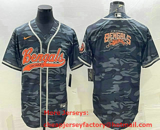 Men's Cincinnati Bengals Grey Camo Team Big Logo With Patch Cool Base Stitched Baseball Jersey