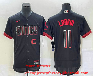 Men's Cincinnati Reds #11 Barry Larkin Black 2023 City Connect Flex Base Stitched Jersey 01