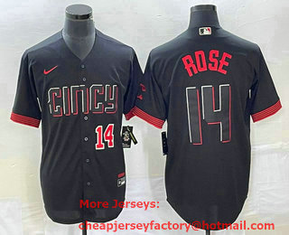Men's Cincinnati Reds #14 Pete Rose Number Black 2023 City Connect Cool Base Stitched Jersey 01
